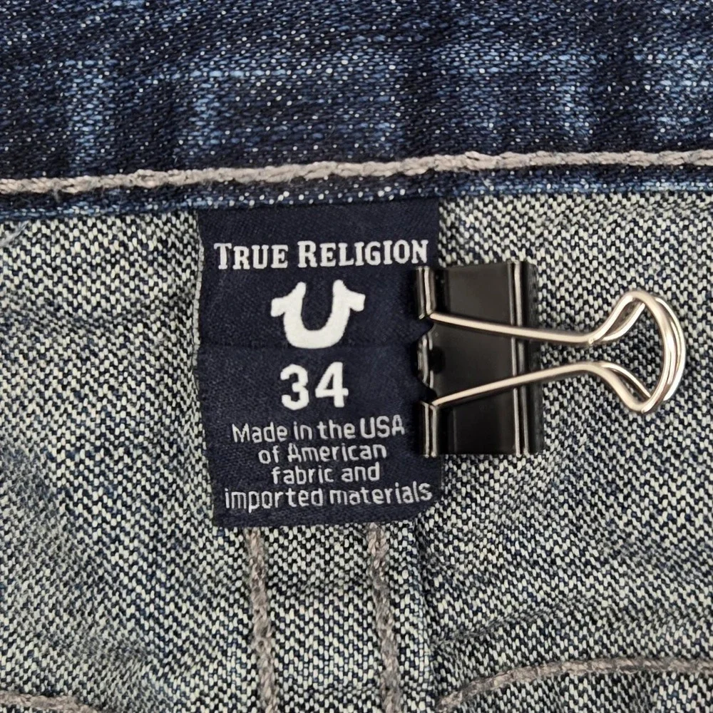 True Religion Jeans Mens 34 Blue Rocco Relaxed Skinny Distressed Denim USA